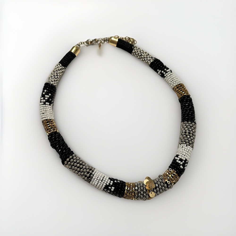 Chico's "Farrah" Black/Gold/White/Silver Beaded Chain Mixed Media Necklace